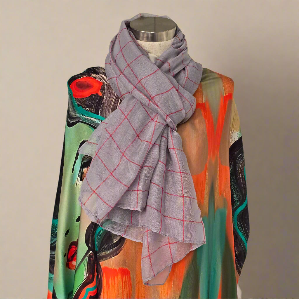 Grey + Red Stripe | Grid Scarf