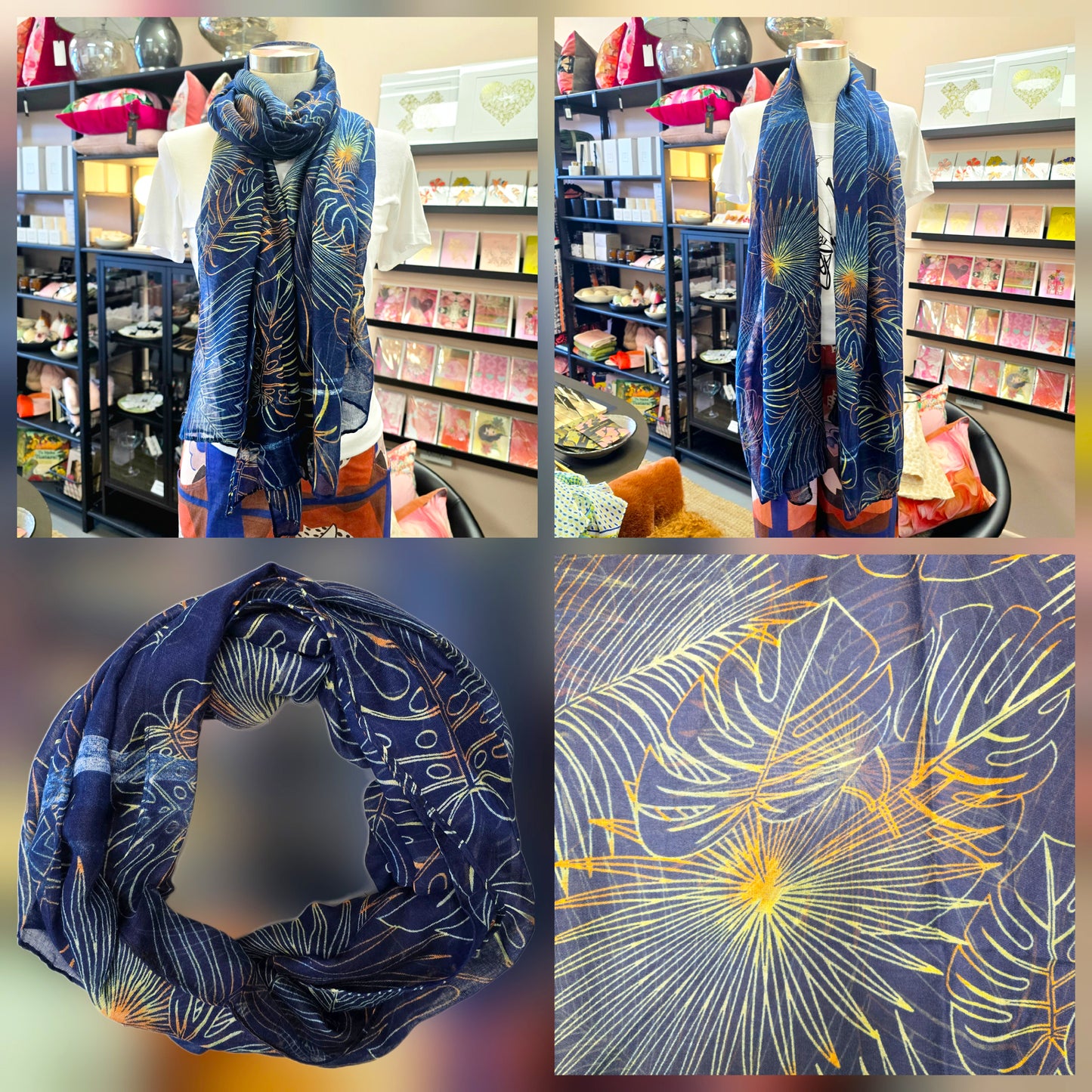 Navy with neon Monstera Scarf