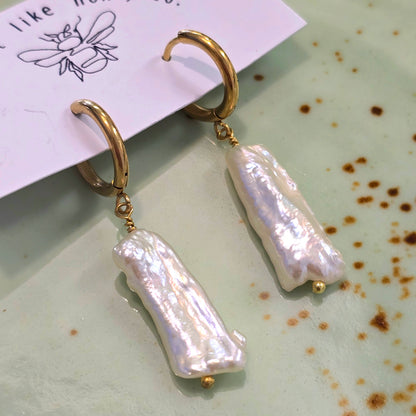 White Long Pearl Earrings | Gold