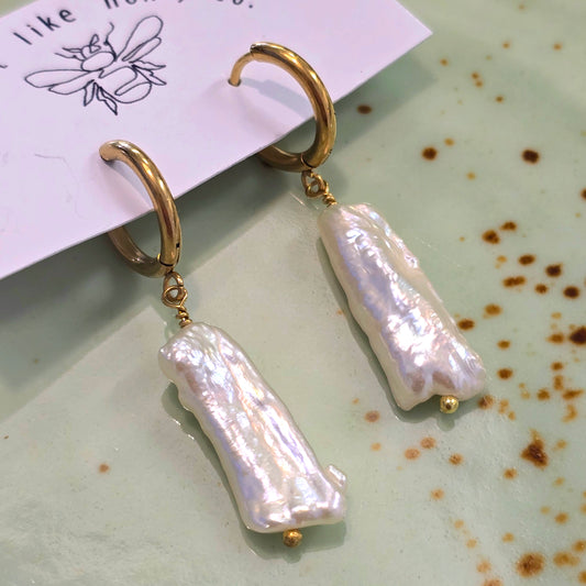 White Long Pearl Earrings | Gold