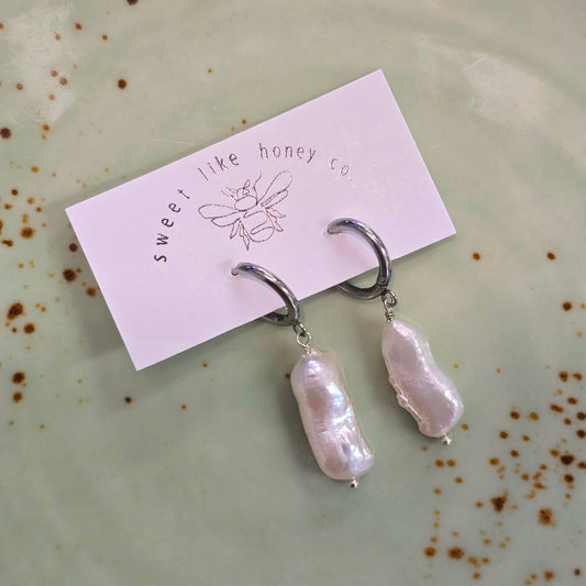 White Long Pearl Earrings | Silver