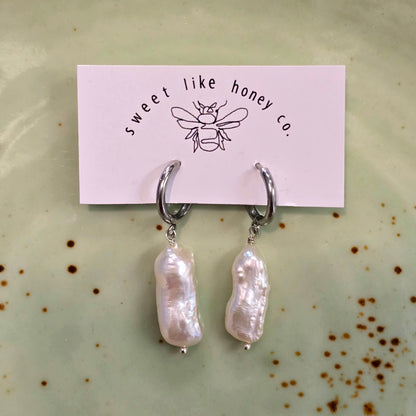 White Long Pearl Earrings | Silver