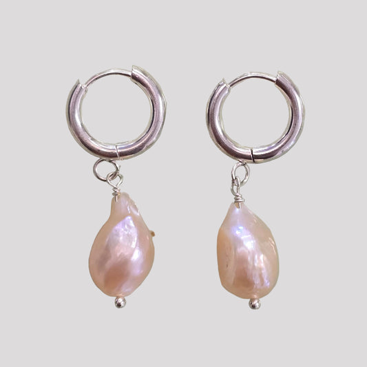 Pink Pearl Huggie Earrings | Silver