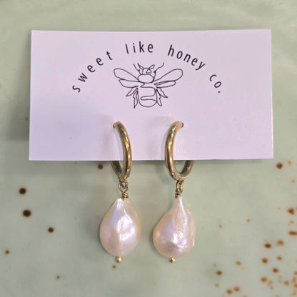 Pink Pearl Huggie Earrings | Gold