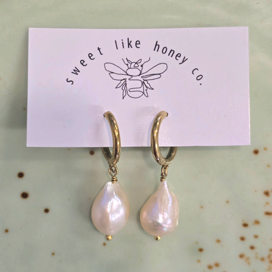 Pink Pearl Huggie Earrings | Gold