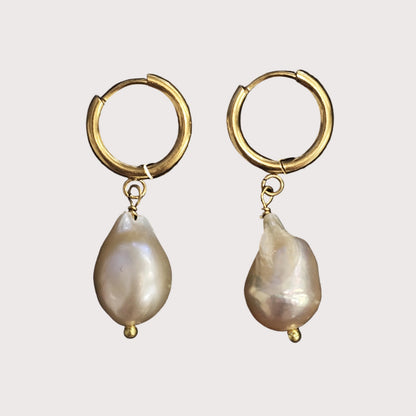 Pink Pearl Huggie Earrings | Gold