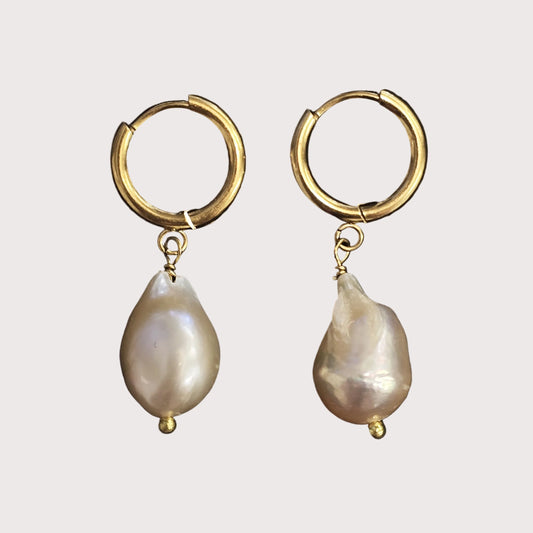 Pink Pearl Huggie Earrings | Gold