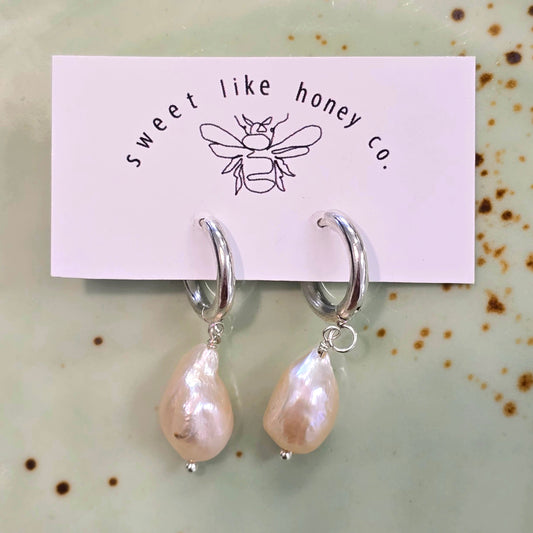 Pink Pearl Huggie Earrings | Silver