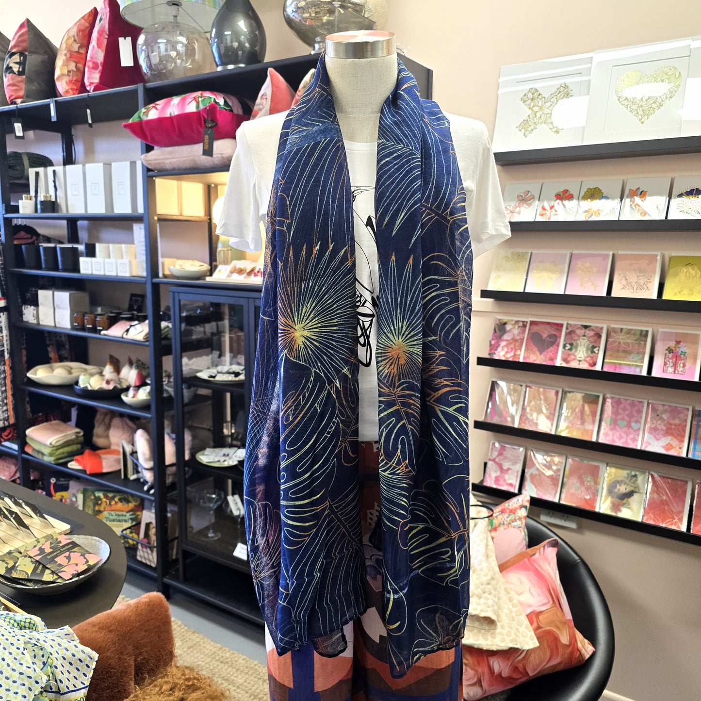 Navy with neon Monstera Scarf