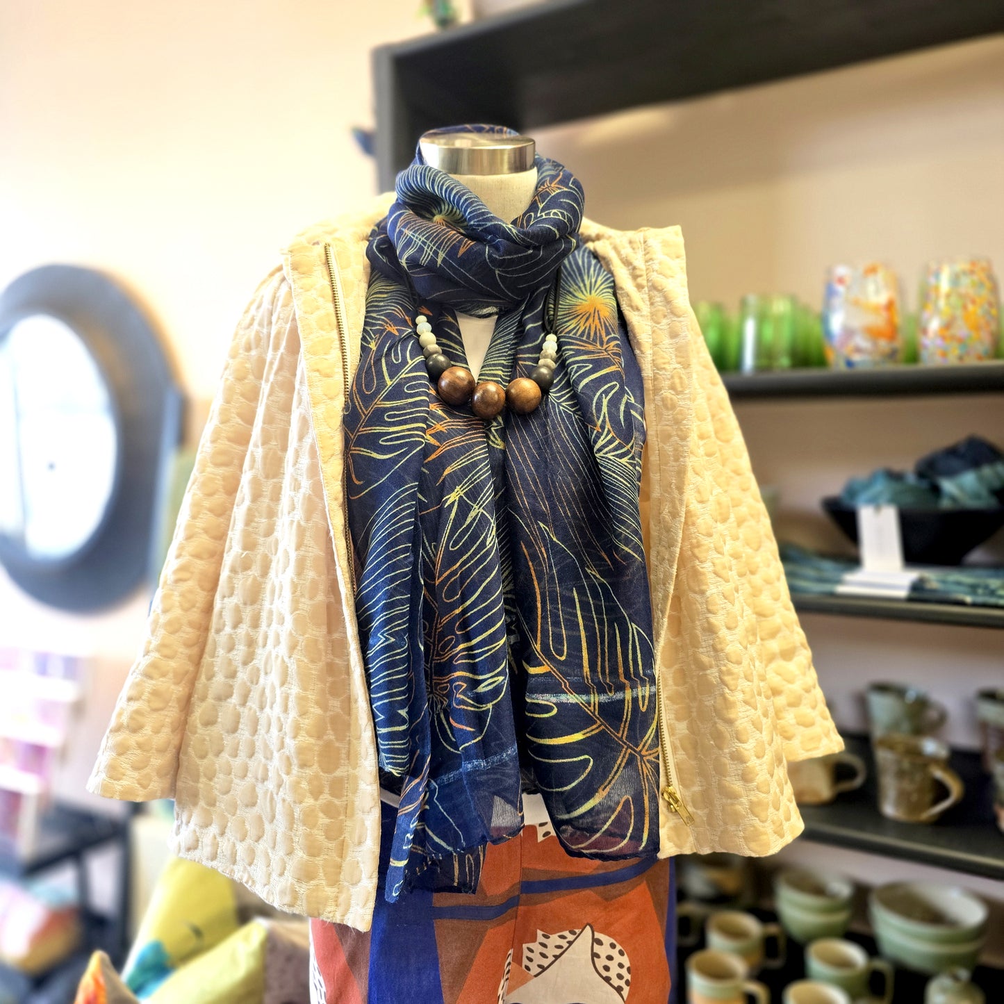 Navy with neon Monstera Scarf