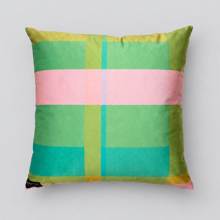 Green Moth + Tartan | Velvet Cushion