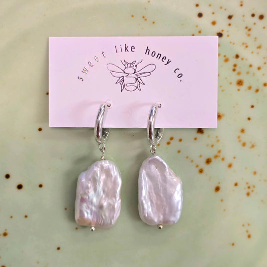 White Oblongs Pearl Earrings | Silver