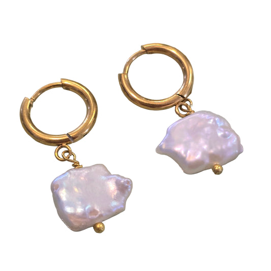 Square Pearl Huggie Earrings | Gold