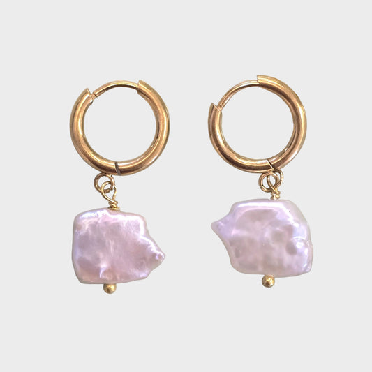 Square Pearl Huggie Earrings | Gold