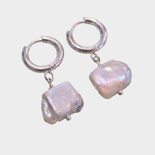 Square Pearl Huggie Earrings | Silver
