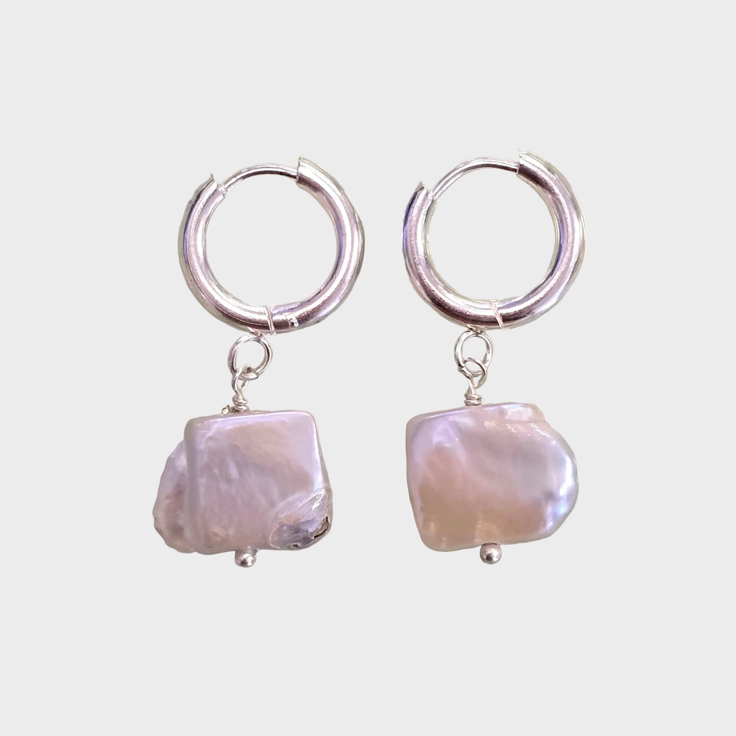 Square Pearl Huggie Earrings | Silver