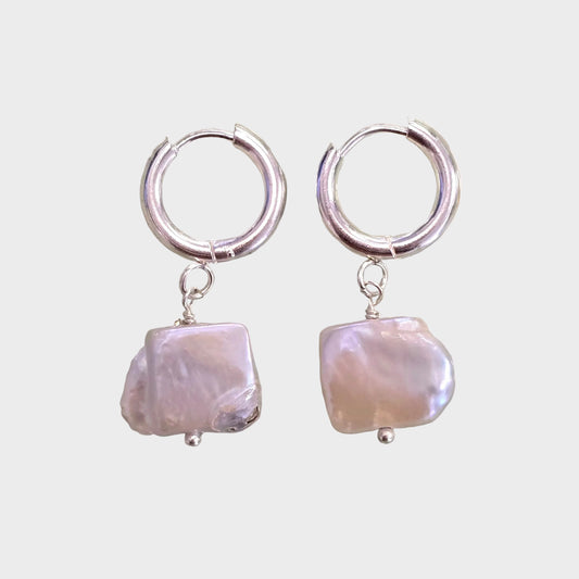 Square Pearl Huggie Earrings | Silver